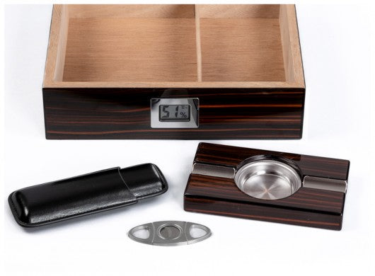 The Kensington Cigar Humidor Gift Set — Glass Top with Digital Hygrometer, Ashtray & Leather Case