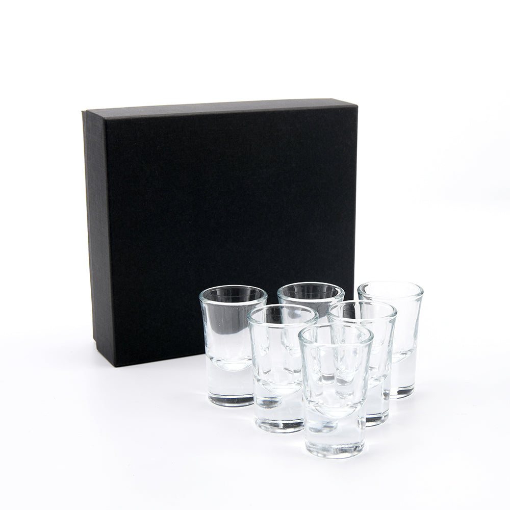 Premium Shot Glass Set — 6 Glasses in Black Presentation Gift Box