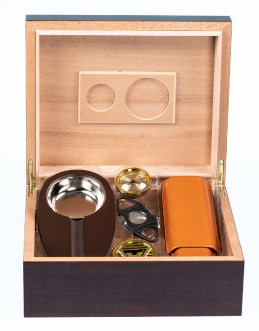 The Diplomat Cigar Humidor Gift Set — Cherry Finish with Ashtray, Cutter & Leather Case