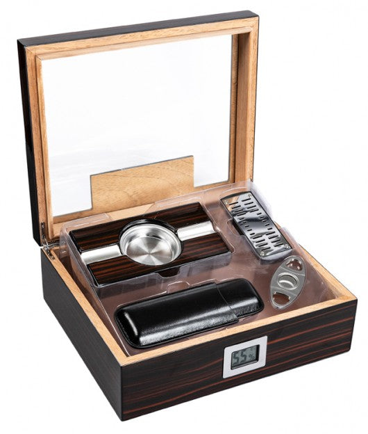 The Kensington Cigar Humidor Gift Set — Glass Top with Digital Hygrometer, Ashtray & Leather Case