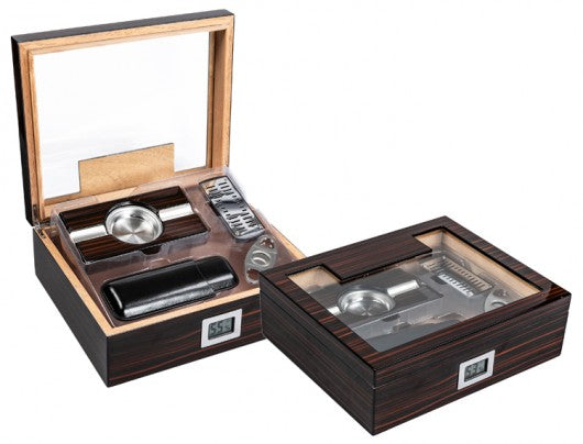 The Kensington Cigar Humidor Gift Set — Glass Top with Digital Hygrometer, Ashtray & Leather Case