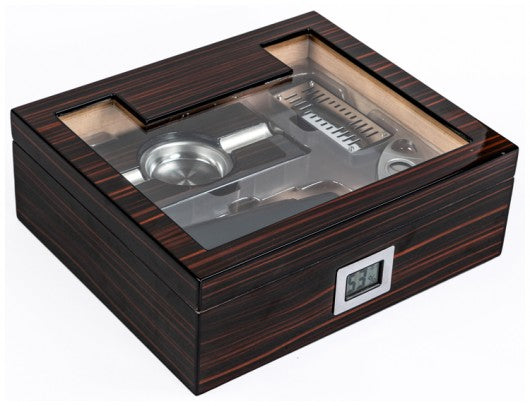The Kensington Cigar Humidor Gift Set — Glass Top with Digital Hygrometer, Ashtray & Leather Case