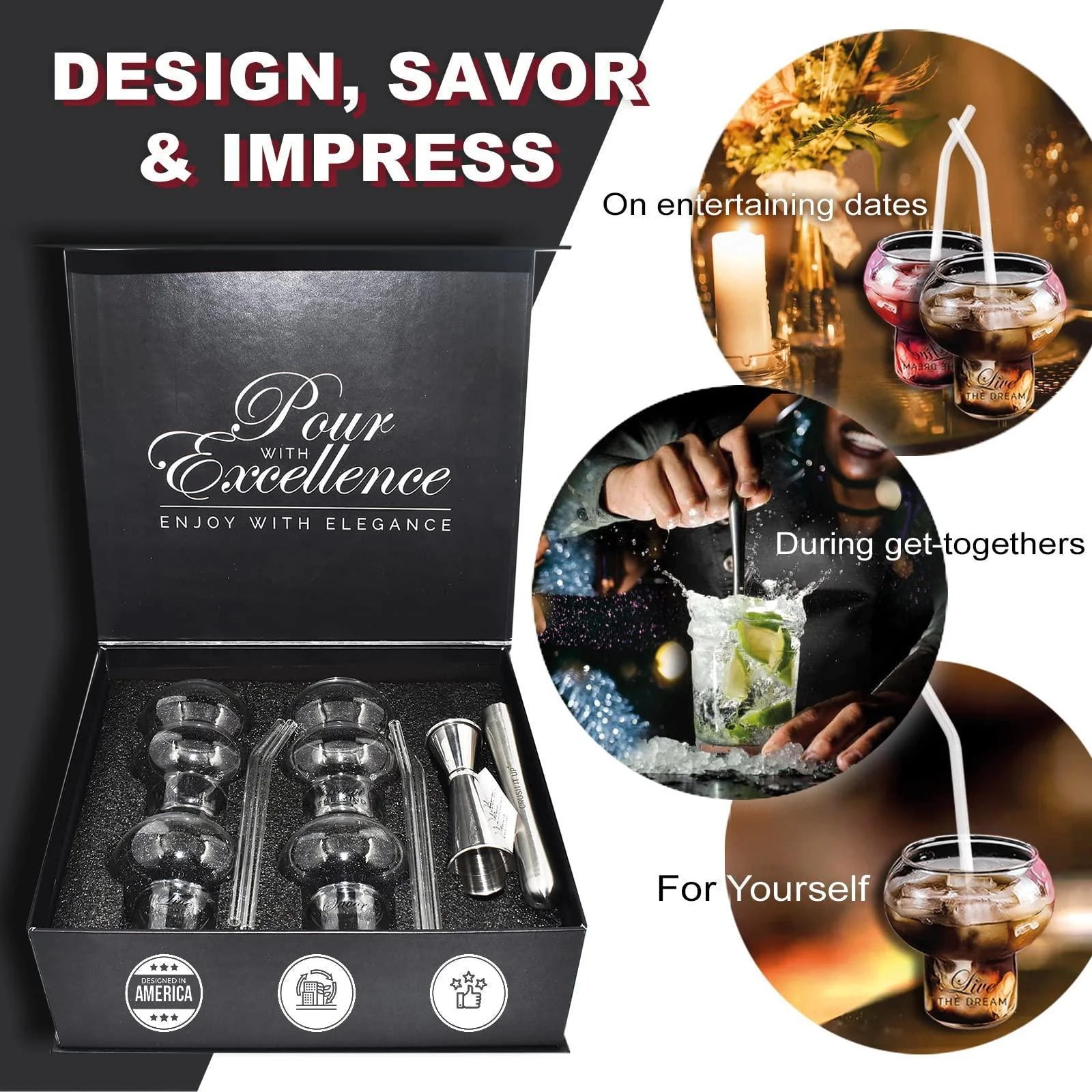 Premium Cocktail Gift Set — Crystal Glasses, Stainless Steel Bar Tools & Accessories