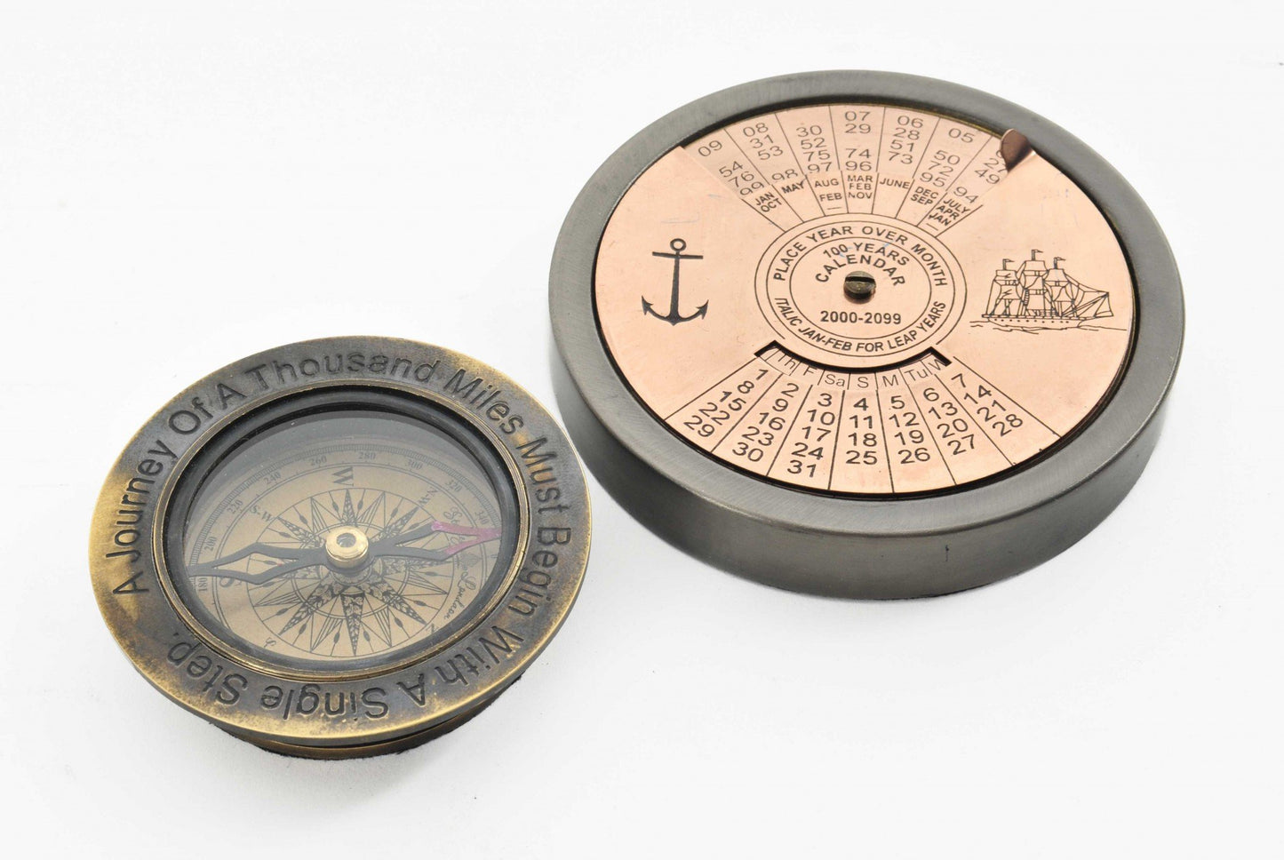 Antique Brass 100-Year Calendar & Quote Compass Set — Heritage Desk Collection