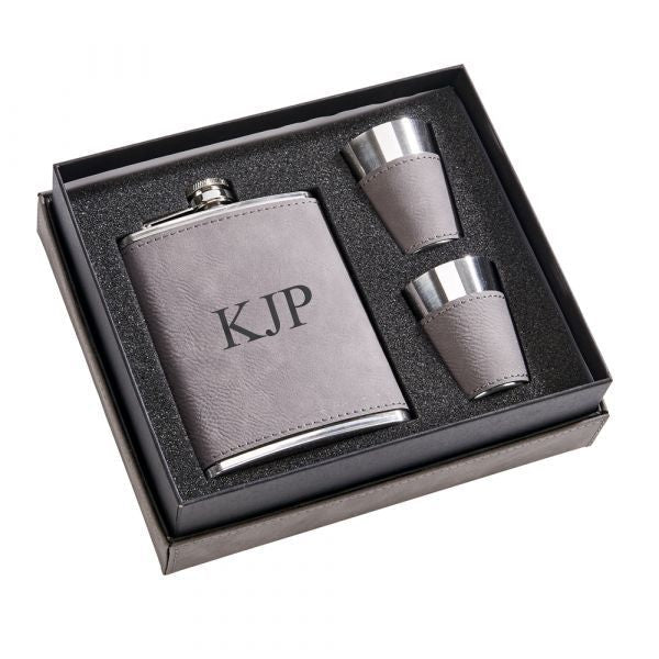 Grey Leatherette Flask & Shot Glass Gift Set — 8oz Flask with Two Matching Shot Glasses