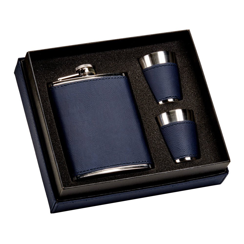 Grey Leatherette Flask & Shot Glass Gift Set — 8oz Flask with Two Matching Shot Glasses