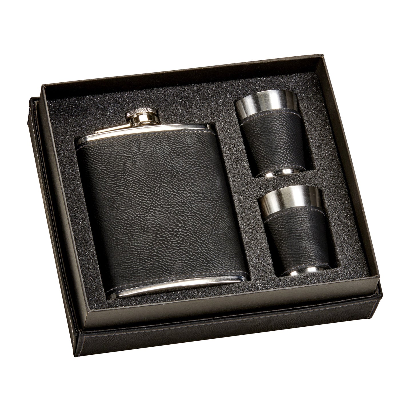Grey Leatherette Flask & Shot Glass Gift Set — 8oz Flask with Two Matching Shot Glasses