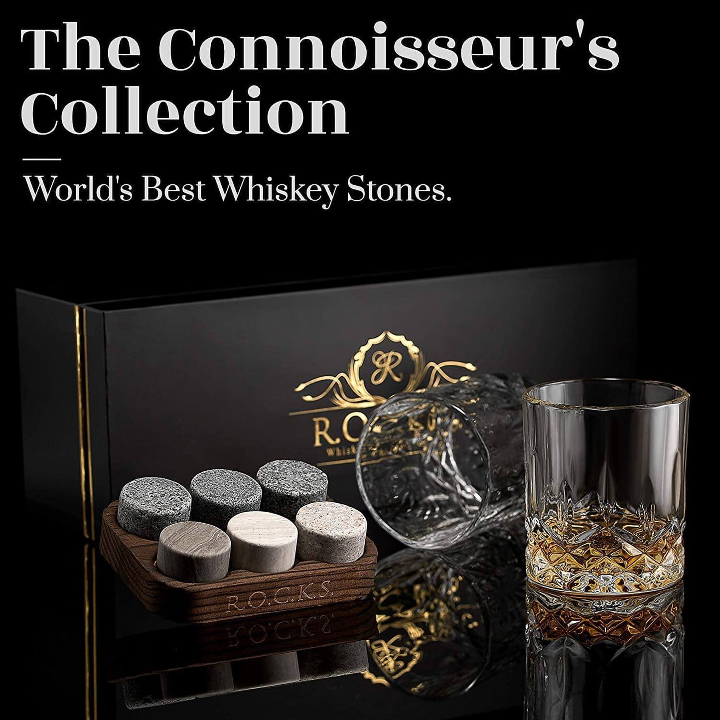 The Connoisseur's Set — Signature Crystal Whiskey Glasses with Granite Chilling Stones