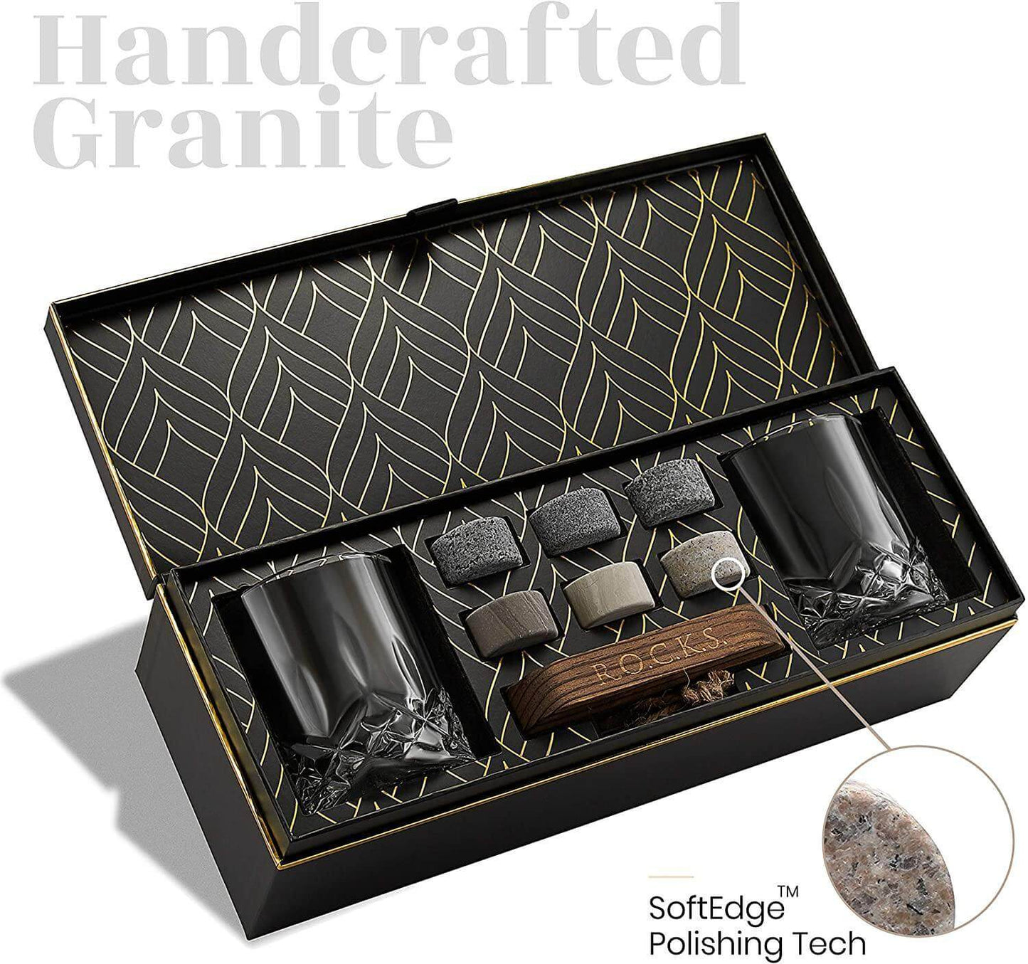 The Connoisseur's Set — Signature Crystal Whiskey Glasses with Granite Chilling Stones