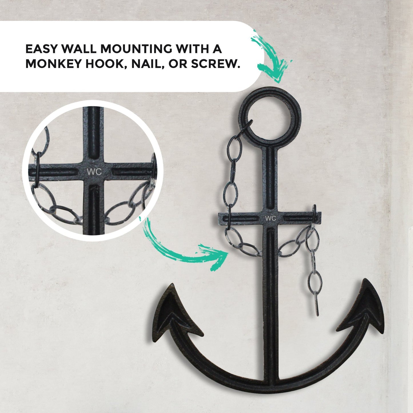 Cast Iron Rustic Navy Anchor Wall Decor — 16" Nautical Wall Art