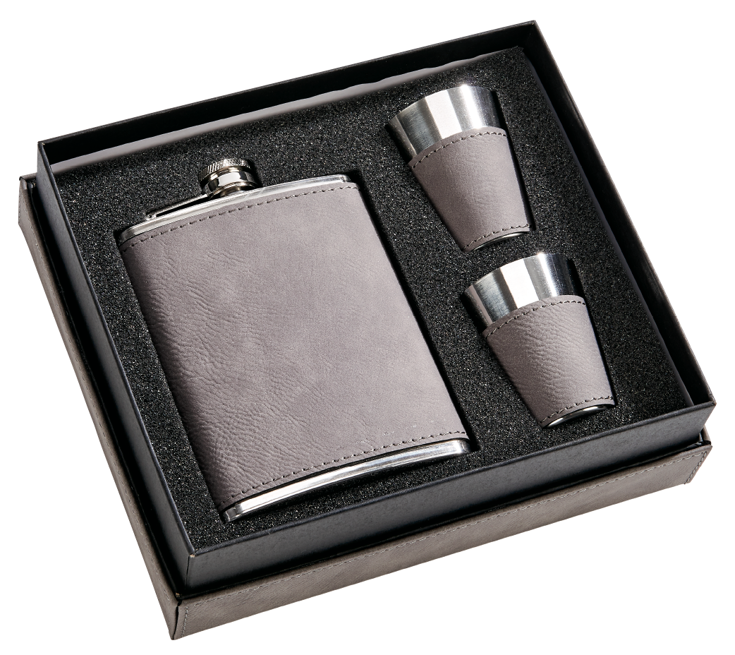 Grey Leatherette Flask & Shot Glass Gift Set — 8oz Flask with Two Matching Shot Glasses