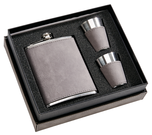 Grey Leatherette Flask & Shot Glass Gift Set — 8oz Flask with Two Matching Shot Glasses