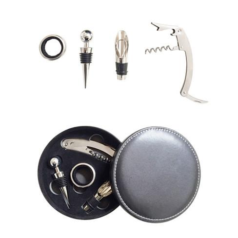 Premium Bar Accessories Gift Set — Stainless Steel Corkscrew, Wine Pourer & Bottle Stopper in Leather Case