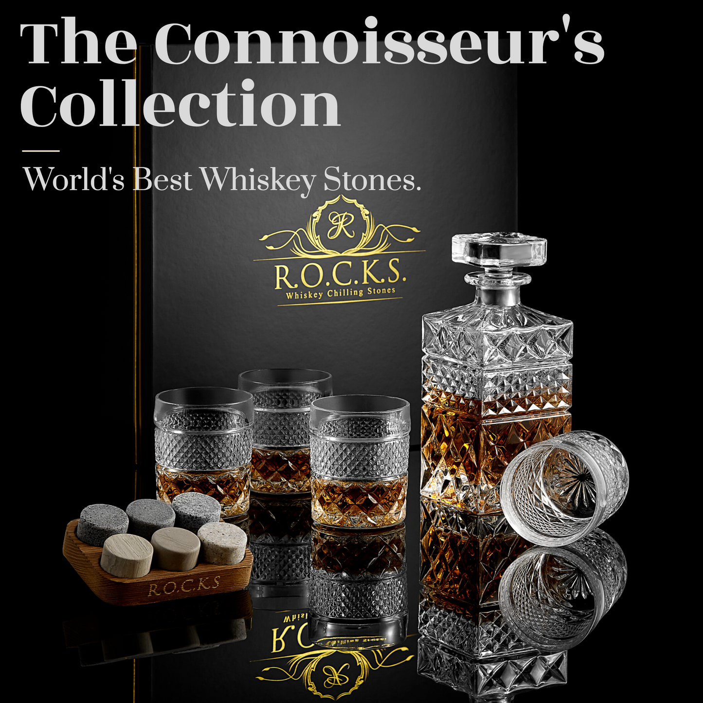 The Whiskey Decanter Gift Set — Crystal Decanter, Glasses & Granite Chilling Rocks