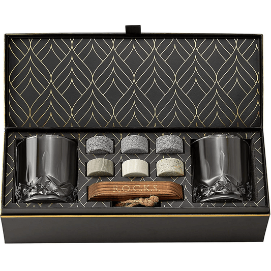 The Connoisseur's Set — Signature Crystal Whiskey Glasses with Granite Chilling Stones