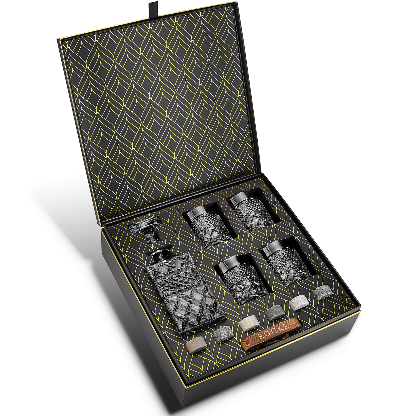The Whiskey Decanter Gift Set — Crystal Decanter, Glasses & Granite Chilling Rocks