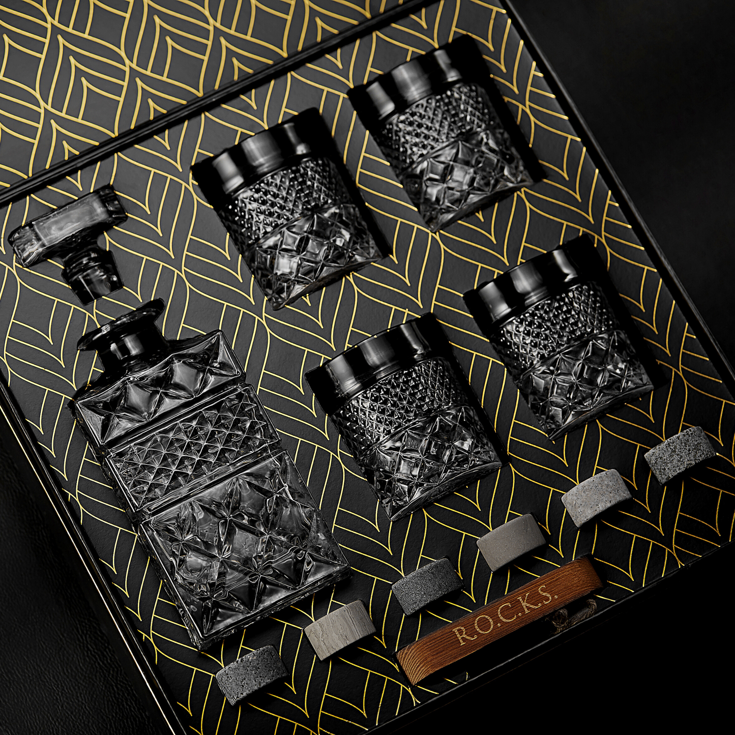 The Whiskey Decanter Gift Set — Crystal Decanter, Glasses & Granite Chilling Rocks