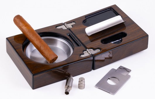 High Gloss Walnut Folding Cigar Ashtray Set — with Cutter & Punch Cutter