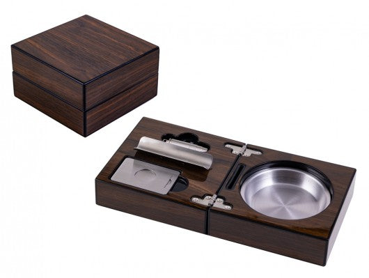 High Gloss Walnut Folding Cigar Ashtray Set — with Cutter & Punch Cutter