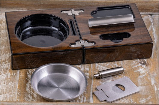 High Gloss Walnut Folding Cigar Ashtray Set — with Cutter & Punch Cutter