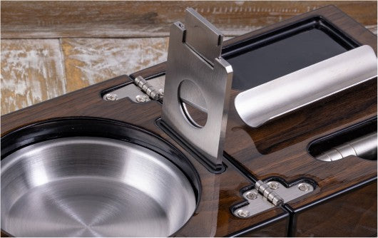 High Gloss Walnut Folding Cigar Ashtray Set — with Cutter & Punch Cutter