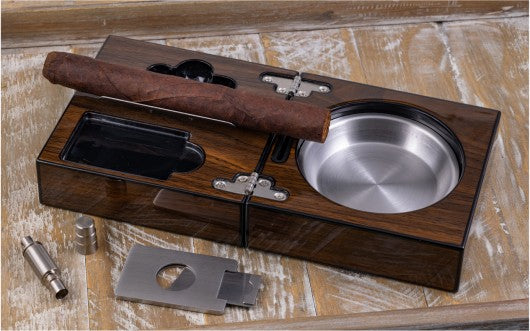 High Gloss Walnut Folding Cigar Ashtray Set — with Cutter & Punch Cutter