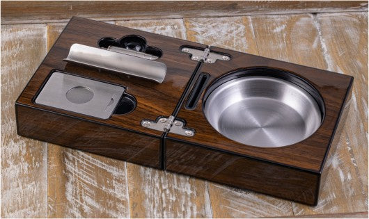 High Gloss Walnut Folding Cigar Ashtray Set — with Cutter & Punch Cutter