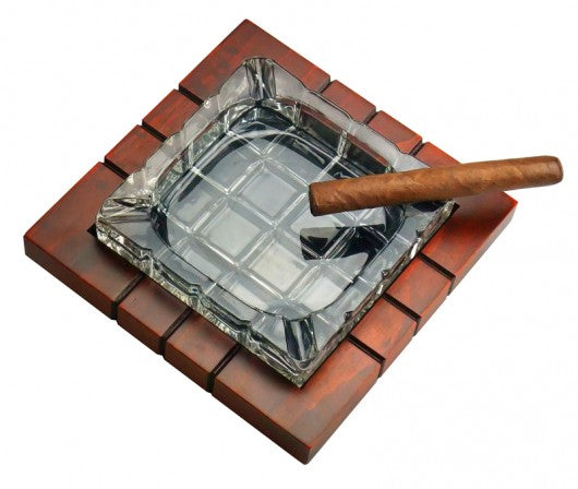 Wood & Crystal Cross-Hatched Cigar Ashtray — Beveled Crystal on Golden Mahogany Base