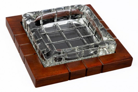 Wood & Crystal Cross-Hatched Cigar Ashtray — Beveled Crystal on Golden Mahogany Base