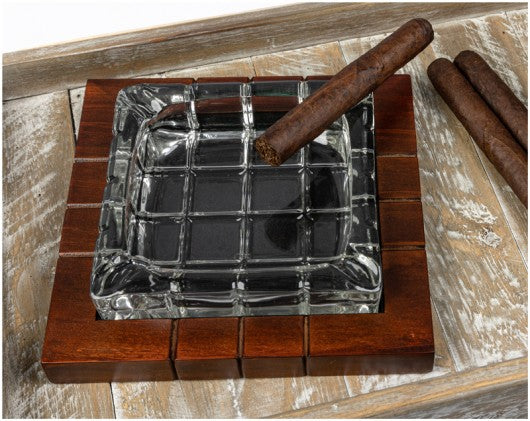 Wood & Crystal Cross-Hatched Cigar Ashtray — Beveled Crystal on Golden Mahogany Base