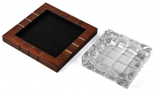 Wood & Crystal Cross-Hatched Cigar Ashtray — Beveled Crystal on Golden Mahogany Base