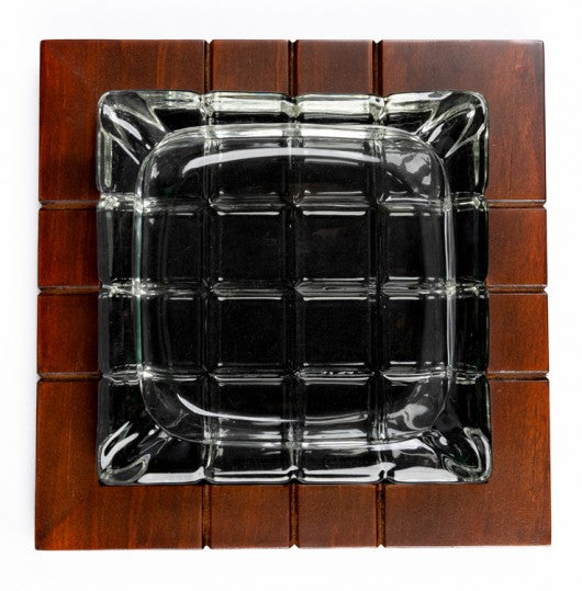 Wood & Crystal Cross-Hatched Cigar Ashtray — Beveled Crystal on Golden Mahogany Base