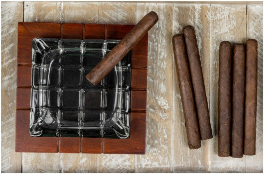 Wood & Crystal Cross-Hatched Cigar Ashtray — Beveled Crystal on Golden Mahogany Base