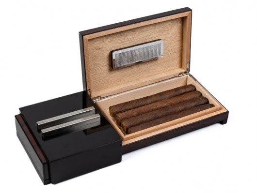 Sliding Cigar Ashtray with Hidden Built-In Humidor — Brazilian Rosewood & Black Lacquer