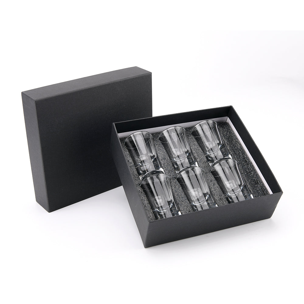 Premium Shot Glass Set — 6 Glasses in Black Presentation Gift Box