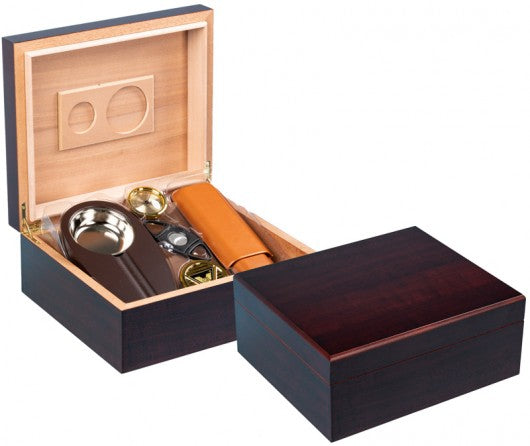 The Diplomat Cigar Humidor Gift Set — Cherry Finish with Ashtray, Cutter & Leather Case