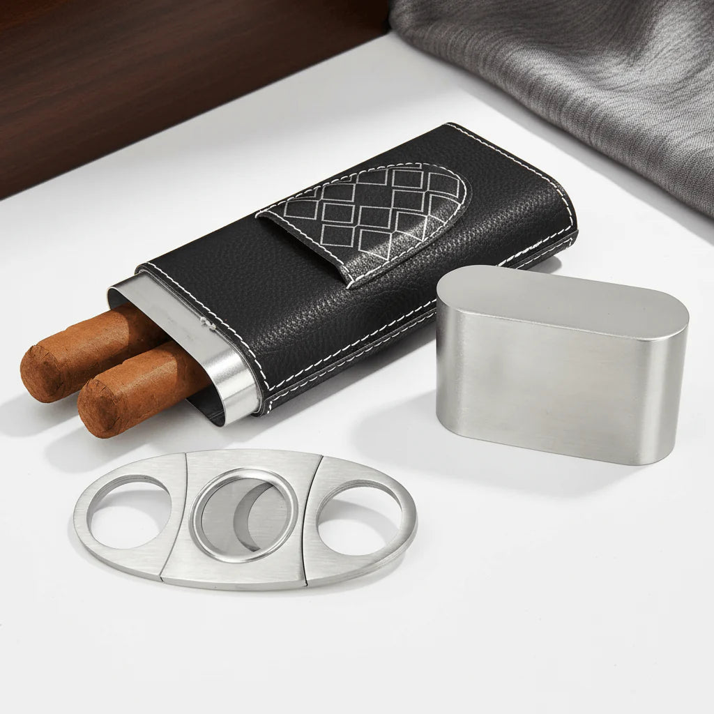 Premium Leatherette Cigar Case with Built-In Cutter