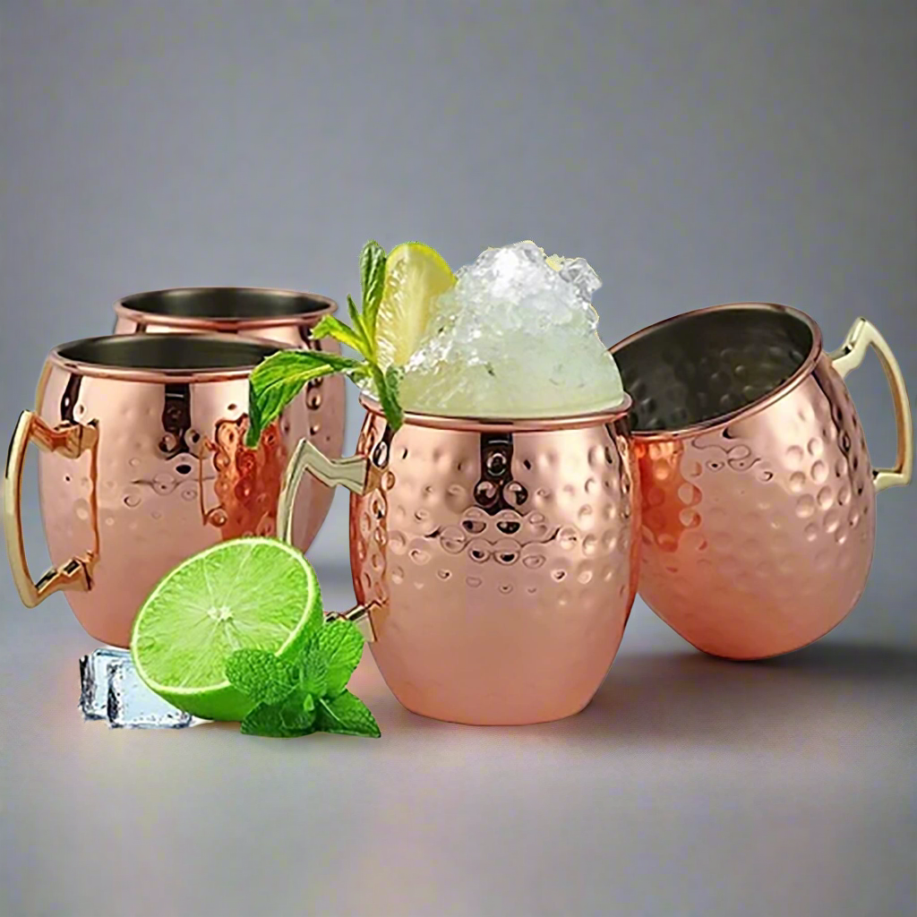 Premium Hammered Copper Moscow Mule Mug Set — 100% Pure Copper Barrel Mugs
