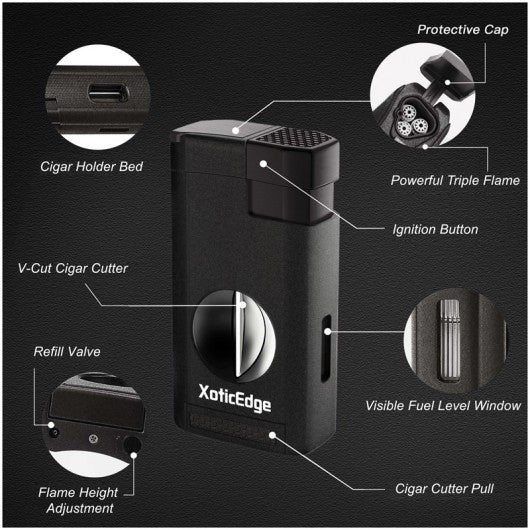 XoticEdge Aurora Triple Flame Cigar Lighter — with Built-In Double Blade Guillotine