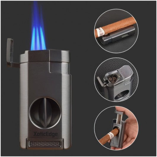 XoticEdge Aurora Triple Flame Cigar Lighter — with Built-In Double Blade Guillotine