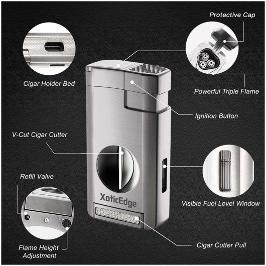XoticEdge Aurora Triple Flame Cigar Lighter — with Built-In Double Blade Guillotine
