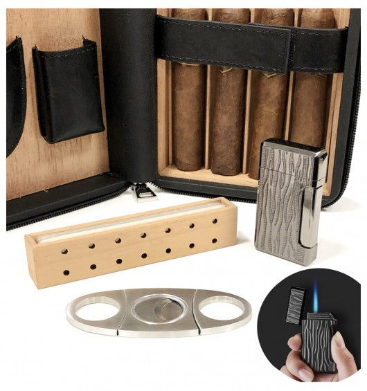 The Manhattan Travel Cigar Humidor — Leather with Cutter, Lighter & Humidifier