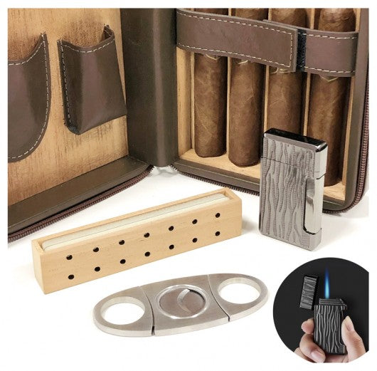 The Manhattan Travel Cigar Humidor — Leather with Cutter, Lighter & Humidifier