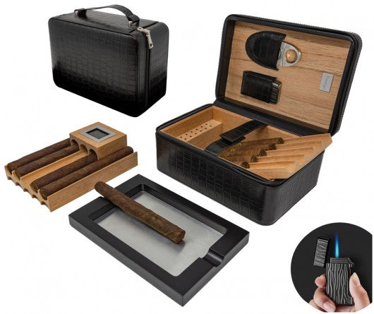 The Manhattan XL Travel Cigar Humidor — Crocodile Leather with Digital Hygrometer & Onboard Ashtray