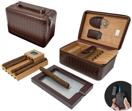 The Manhattan XL Travel Cigar Humidor — Crocodile Leather with Digital Hygrometer & Onboard Ashtray