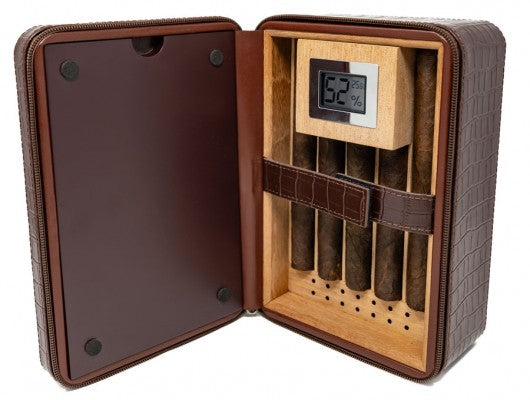 The Manhattan XL Travel Cigar Humidor — Crocodile Leather with Digital Hygrometer & Onboard Ashtray