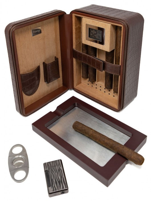 The Manhattan XL Travel Cigar Humidor — Crocodile Leather with Digital Hygrometer & Onboard Ashtray