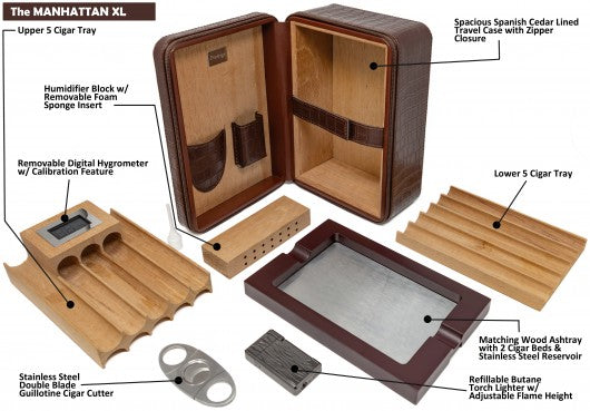 The Manhattan XL Travel Cigar Humidor — Crocodile Leather with Digital Hygrometer & Onboard Ashtray