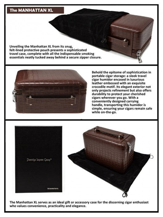 The Manhattan XL Travel Cigar Humidor — Crocodile Leather with Digital Hygrometer & Onboard Ashtray