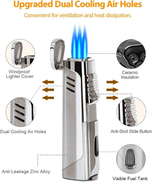 The Pinnacle Triple Flame Cigar Torch Lighter — with Built-In Punch Cutter